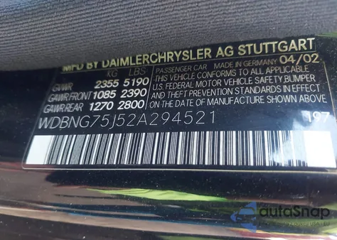 2002 Mercedes-Benz S 500 from USA, damaged, VIN WDBNG75J52A294521